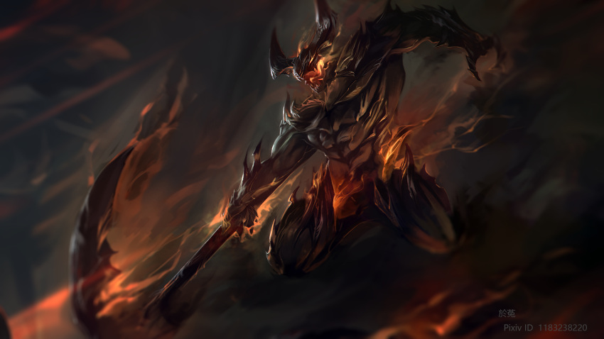 1boy abs armor fire gauntlets glowing glowing_eyes helmet highres holding holding_scythe horns league_of_legends male_focus open_mouth red_eyes rhaast scythe sharp_teeth solo teeth wutu_(1183238220)