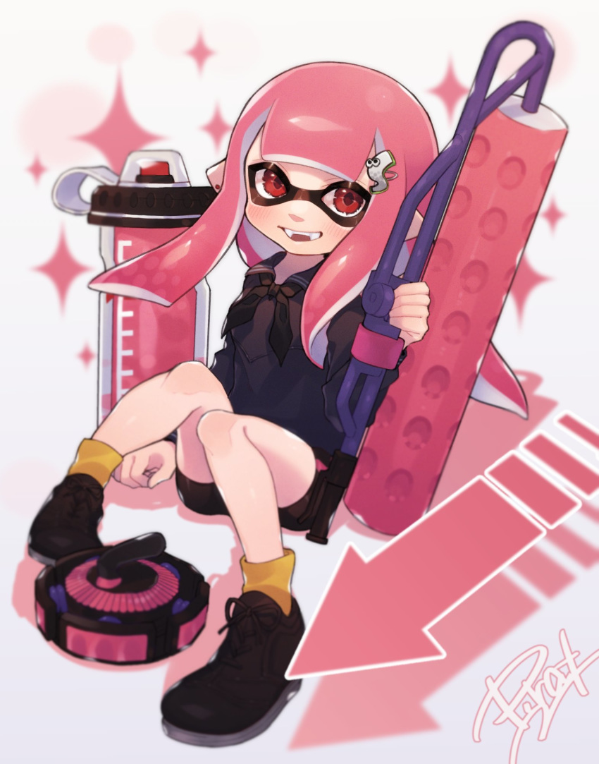 arrow_(symbol) artist_name bike_shorts black_footwear black_neckerchief black_shirt black_shorts blouse blunt_bangs blunt_ends commentary cross-laced_footwear curling_bomb_(splatoon) earrings english_commentary fangs female hair_ornament highres holding holding_weapon ink_tank_(splatoon) inkling inkling_girl inkling_player_character jewelry light_blush long_hair looking_at_viewer neckerchief pink_hair pointy_ears prat_rat red_eyes school_uniform serafuku shadow shirt shoes short_shorts shorts single_vertical_stripe sitting socks solo sparkle splat_roller_(splatoon) splatoon_(series) splatoon_2 tentacle_hair weapon yellow_socks