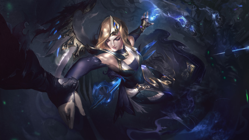 1other absurdres alternate_costume bare_shoulders black_dress blonde_hair breasts character_request check_character closed_eyes creature detached_sleeves dress female fingerless_gloves gloves hair_ornament highres holding_another's_wrist isolde_(league_of_legends) jewelry large_breasts league_of_legends long_hair magic ring weapon wings wutu_(1183238220)