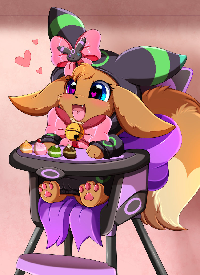 <3_eyes absurd_res accessory bell blush bow_tie brown_body brown_fur chair clothing costume dipstick_tail eevee eeveelution fan_character female feral fluffy fluffy_tail food fur furniture hair_accessory hair_ribbon hairbow happy heart heterochromia hi_res hoodie multicolored_tail nintendo open_mouth pawpads paws pokémon_(species) pokemon pridark ribbons simple_background sitting snaggle_tooth solo tail_bow tail_ribbon topwear umbreon video_games