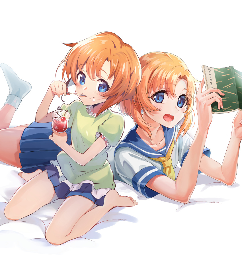 2girls :d absurdres aged_down barefoot blue_eyes blue_sailor_collar blue_skirt blush book collarbone commentary_request dual_persona foot_up green_shirt happy highres higurashi_no_naku_koro_ni holding holding_book holding_spoon lying multiple_girls nakayama_yuuji neckerchief on_stomach open_book open_mouth orange_hair parfait pleated_skirt reading ryuuguu_rena sailor_collar school_uniform serafuku shirt short_hair short_sleeves simple_background sitting skirt smile socks spoon time_paradox utensil_in_mouth wariza white_background white_shirt white_socks yellow_neckerchief