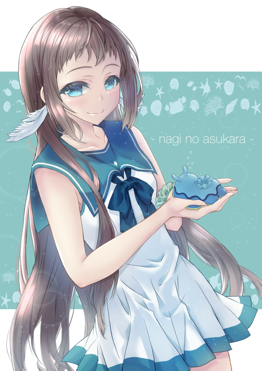 absurdres aki_kakao blue_eyes blue_sailor_collar brown_hair copyright_name cowboy_shot dress female highres long_hair looking_at_viewer mukaido_manaka nagi_no_asukara nami_junior_high_school_uniform sailor_collar sailor_dress school_uniform sea_slug serafuku sleeveless sleeveless_dress white_dress