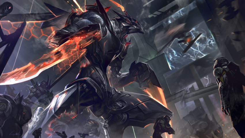 absurdres armor battle character_request fake_horns giant glowing gun helm helmet highres holding holding_gun holding_weapon horned_helmet horns kha'zix league_of_legends looking_up project:_kha'zix project_(league_of_legends) red_eyes robot signature weapon wings wutu_(1183238220)