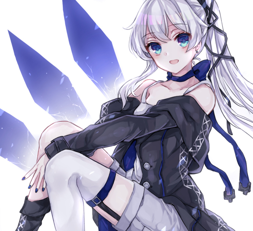 :d bad_id bad_pixiv_id black_footwear black_jacket blue_eyes blue_nails boots casual chabatake female hair_between_eyes hair_ornament honkai_(series) honkai_impact_3rd jacket long_sleeves looking_at_viewer nail_polish open_mouth side_ponytail simple_background single_thighhigh smile solo theresa_apocalypse theresa_apocalypse_(twilight_paladin) thighhighs white_background white_hair white_thighhighs