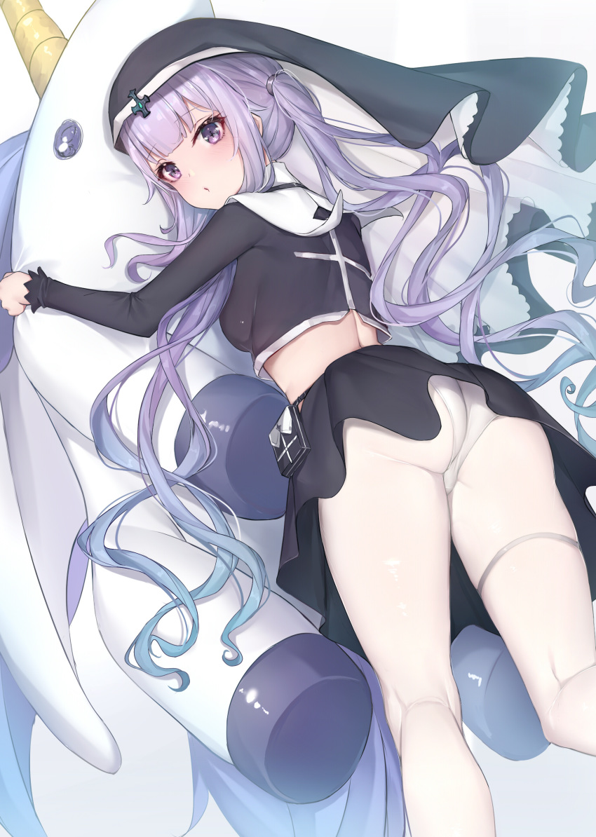 absurdres ass azur_lane back breasts commentary_request female highres hug long_hair looking_at_viewer midriff nun panties panties_under_pantyhose pantyhose purple_eyes purple_hair sherryqq skirt stuffed_unicorn twintails underwear unicorn_(azur_lane) white_pantyhose