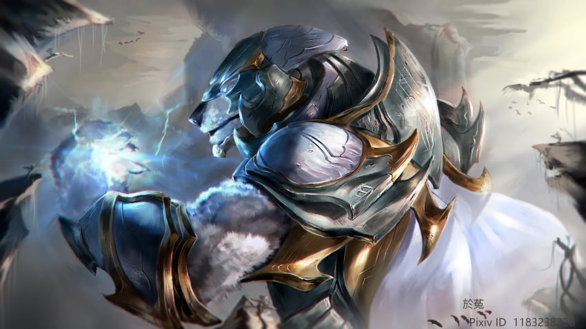 1boy absurdres animal armor bear bird breastplate clenched_hand closed_mouth electricity from_side glowing glowing_eye helmet highres league_of_legends male_focus outdoors shoulder_armor solo translated vambraces volibear wutu_(1183238220)