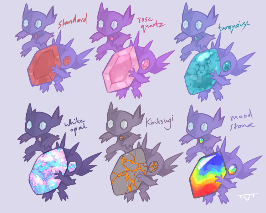 creature english_text gen_3_pokemon grey_background holding kintsugi looking_at_viewer mega_pokemon mega_sableye no_humans opal_(gemstone) pokemon pokemon_(creature) quartz_(gemstone) sableye signature simple_background standing the-vanilluxe-treatment turquoise_(gemstone)