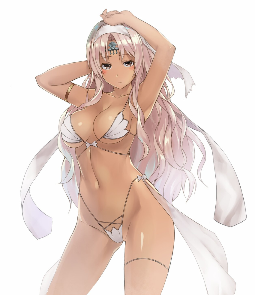 armlet armpits arms_up ass_visible_through_thighs bikini blush breasts brown_eyes cleavage closed_mouth commentary_request contrapposto cowboy_shot dark-skinned_female dark_skin female hair_ornament hairband highleg highleg_bikini highres large_breasts long_hair looking_at_viewer nakamura_nagare navel parted_bangs phantasy_star phantasy_star_online_2 pink_hair sidelocks simple_background solo standing string_bikini swimsuit white_background white_bikini