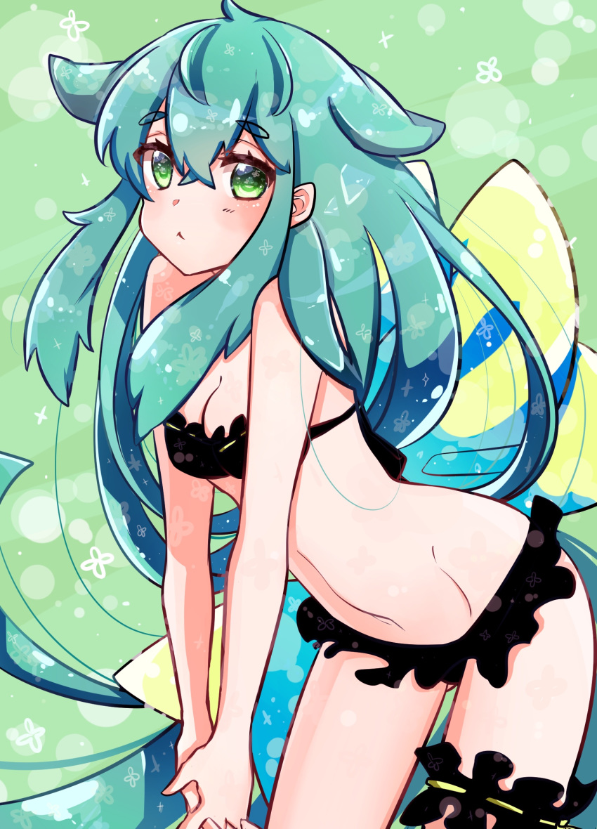 bikini black_bikini cleavage female gatchaman_crowds green_eyes green_hair long_hair swimsuit utsutsu very_long_hair