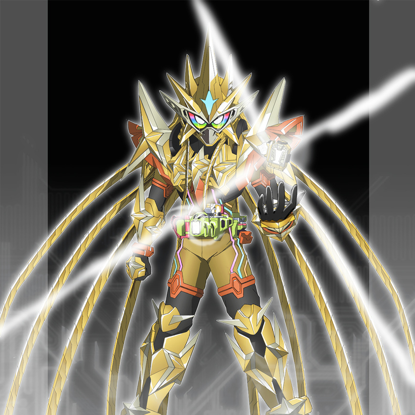 1boy armor commentary_request floating floating_object full_armor gamer_driver glowing gold_armor holding kamen_rider kamen_rider_ex-aid kamen_rider_ex-aid_(hyper_muteki) kamen_rider_ex-aid_(series) kivadcd male_focus multicolored_eyes muteki_gamer photoshop_(medium) rainbow_eyes rider_belt star_(symbol) tokusatsu