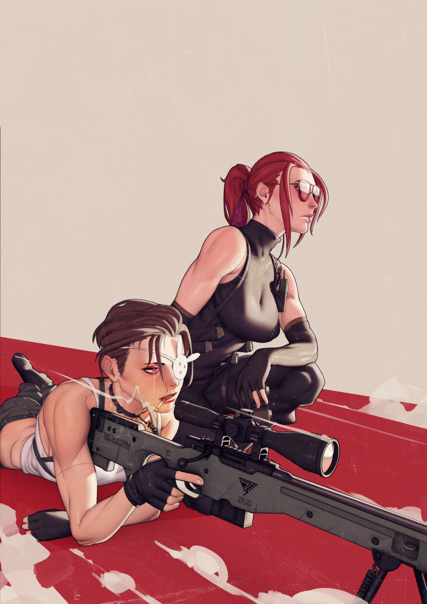 2girls absurdres bipod black_gloves borrowed_character breasts brown_hair cargo_pants cigarette elbow_gloves eyepatch fingerless_gloves gloves gun hair_ribbon halterneck highres holster jane_doe_(john_doe_(jdart)) john_doe_(jdart) large_breasts lips lying multiple_girls muscular muscular_female nose on_one_knee on_stomach one-eyed original pants partially_fingerless_gloves ponytail rabbit_eyepatch red-tinted_eyewear red_eyes red_hair ribbon rifle scope serenya short_hair shoulder_holster sleeveless smoking sniper_rifle throat_microphone tinted_eyewear trigger_discipline very_short_hair weapon