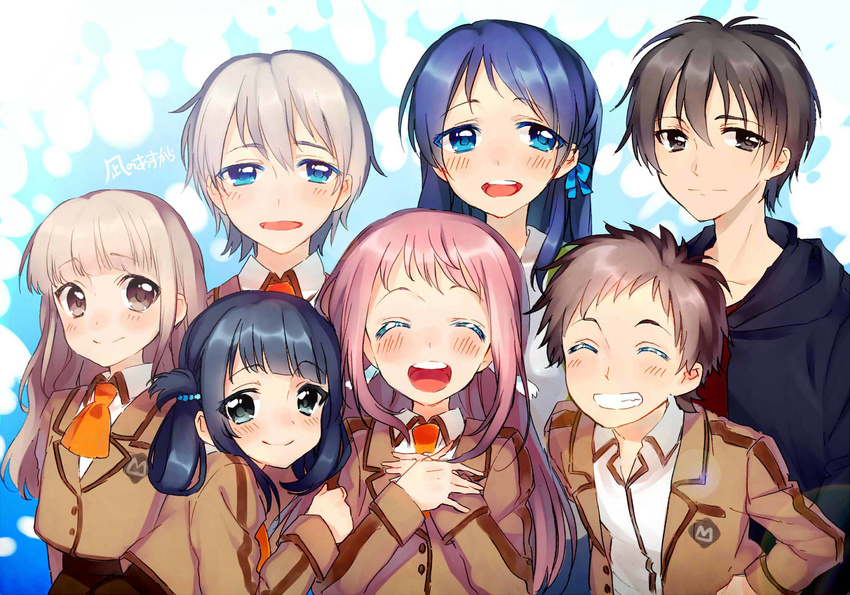 3boys 4girls black_eyes black_hair blue_eyes blue_hair brown_eyes closed_eyes commentary_request grin hair_rings highres hiradaira_chisaki hisanuma_sayu isaki_kaname kihara_tsumugu long_hair mihama_junior_high_school_uniform mukaido_manaka multiple_boys multiple_girls nagi_no_asukara open_mouth pink_hair sakishima_hikari school_uniform shiodome_miuna silver_hair smile twintails yuu_(7862260010)