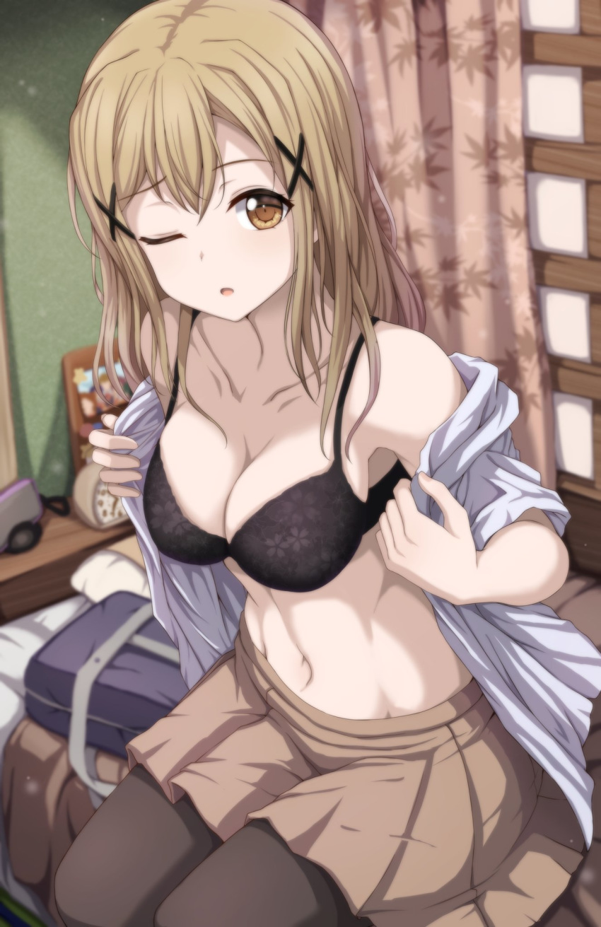 ;o alarm_clock bad_id bad_twitter_id bag bang_dream! bare_shoulders bed black_bra blonde_hair blurry bra breasts brown_eyes brown_pantyhose brown_skirt cleavage clock collarbone commentary_request curtains depth_of_field female fingernails floral_print groin hair_between_eyes hair_down hair_ornament highres ichigaya_arisa indoors long_hair looking_at_viewer medium_breasts miniskirt narafume navel on_bed one_eye_closed open_clothes open_shirt pantyhose parted_lips photo_(object) picture_frame pillow pleated_skirt print_bra print_curtains school_bag shirt short_sleeves sidelocks sitting skirt solo stomach tongue underwear white_shirt x_hair_ornament