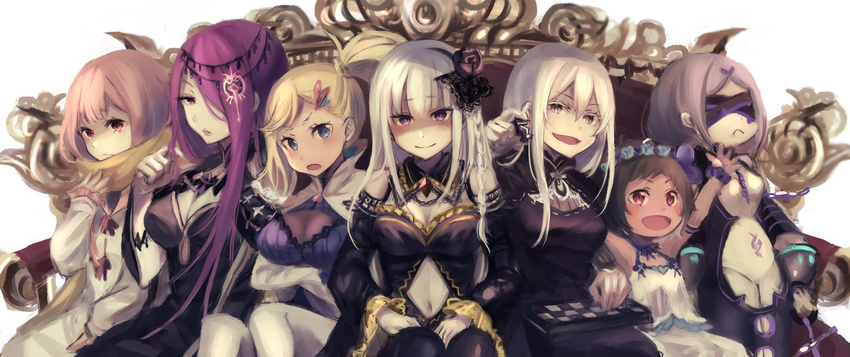 6+girls bad_id bad_pixiv_id bare_shoulders black_dress blindfold blonde_hair blue_eyes blush_stickers board_game bound bound_legs breasts brown_hair butterfly_hair_ornament carmilla_(re:zero) chess_piece chessboard cleavage clothing_cutout colored_eyelashes commentary_request covered_eyes daphne_(re:zero) dress echidna_(re:zero) flower hair_flower hair_ornament hair_over_one_eye hairclip hand_in_own_hair head_wreath heart heart_hair_ornament highres legbinder long_hair looking_at_viewer medium_breasts minerva_(re:zero) multiple_girls navel_cutout one_eye_covered pink_hair purple_hair re:zero_kara_hajimeru_isekai_seikatsu red_eyes restrained restraints satella_(re:zero) scarf sekhmet_(re:zero) shaded_face side_ponytail smile throne typhon_(re:zero) white_hair witch yokoyama