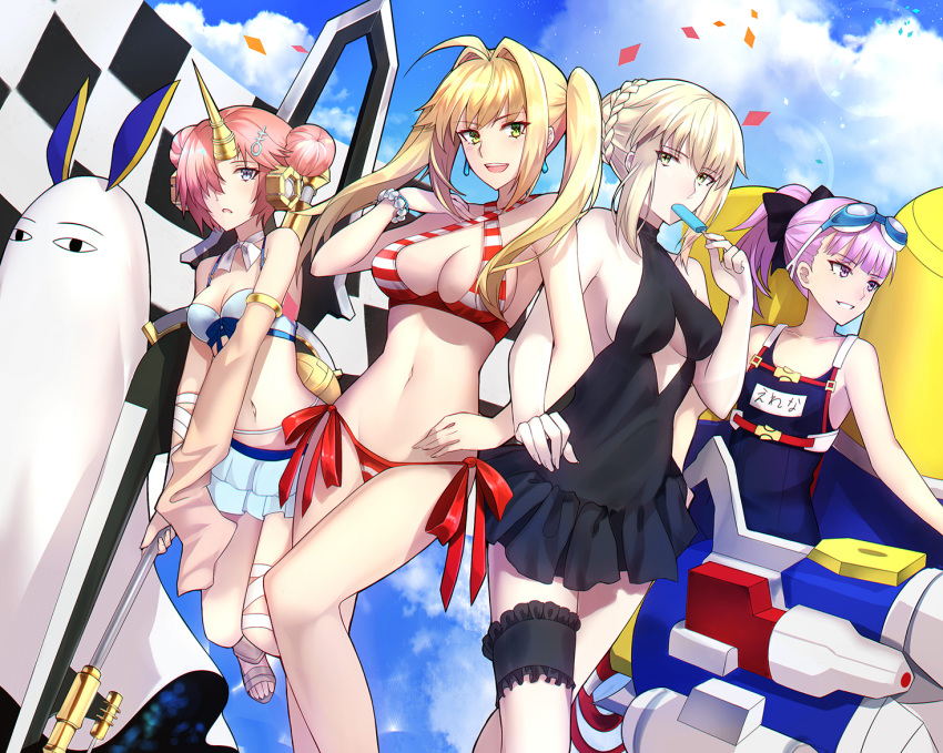 <o>_<o> 5girls animal_ears artoria_pendragon_(alter_swimsuit_rider)_(fate) artoria_pendragon_(alter_swimsuit_rider)_(first_ascension)_(fate) artoria_pendragon_(fate) bandaged_arm bandaged_leg bandages bead_bracelet beads bikini bikini_skirt black_one-piece_swimsuit black_ribbon blanket blonde_hair blue_bikini blue_skirt blush bracelet braid breasts bridal_garter cloud commentary cosplay criss-cross_halter detached_sleeves double_bun dutch_angle earrings fate/apocrypha fate/grand_order fate_(series) food frankenstein's_monster_(fate) frankenstein's_monster_(swimsuit_saber)_(fate) frankenstein's_monster_(swimsuit_saber)_(second_ascension)_(fate) french_braid green_eyes hair_between_eyes hair_bun hair_intakes hair_ornament hair_over_one_eye hairclip halterneck headgear helena_blavatsky_(fate) helena_blavatsky_(swimsuit_archer)_(fate) helena_blavatsky_(swimsuit_archer)_(first_ascension)_(fate) holding holding_weapon horns jackal_ears jewelry large_breasts locked_arms long_hair looking_at_viewer looking_away mechanical_horns medium_breasts medjed_(fate) medjed_(fate)_(cosplay) multiple_girls navel nero_claudius_(fate) nero_claudius_(swimsuit_caster)_(fate) nitocris_(fate) nitocris_(swimsuit_assassin)_(fate) official_alternate_costume one-piece_swimsuit open_mouth outdoors photoshop_(medium) pink_hair ponytail popsicle pose purple_eyes purple_hair ribbon shigure_s short_hair side-tie_bikini_bottom sideboob single_detached_sleeve single_horn skirt sky sleeves_past_fingers sleeves_past_wrists small_breasts striped_bikini striped_clothes swimsuit thighhighs tsurime twintails weapon white_bikini yellow_eyes