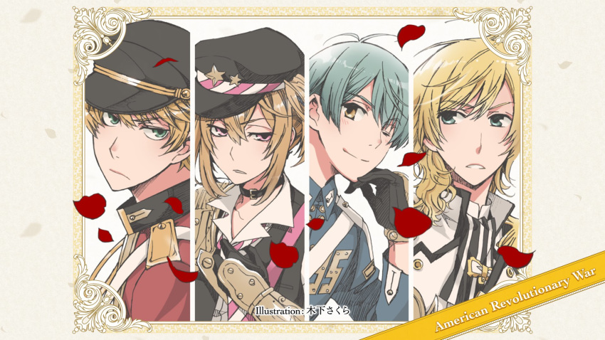 4boys aqua_eyes black_gloves blonde_hair blue_hair brown_bess_(senjuushi) charleville_(senjuushi) choker commentary_request end_card frown gauntlets gloves green_eyes hat high_collar highres kentucky_(senjuushi) kinoshita_sakura male_focus military military_uniform multiple_boys official_art one_eye_closed peaked_cap petals pink_eyes senjuushi:_the_thousand_noble_musketeers senjuushi_(series) short_hair short_twintails smile springfield_(senjuushi) twintails uniform yellow_eyes