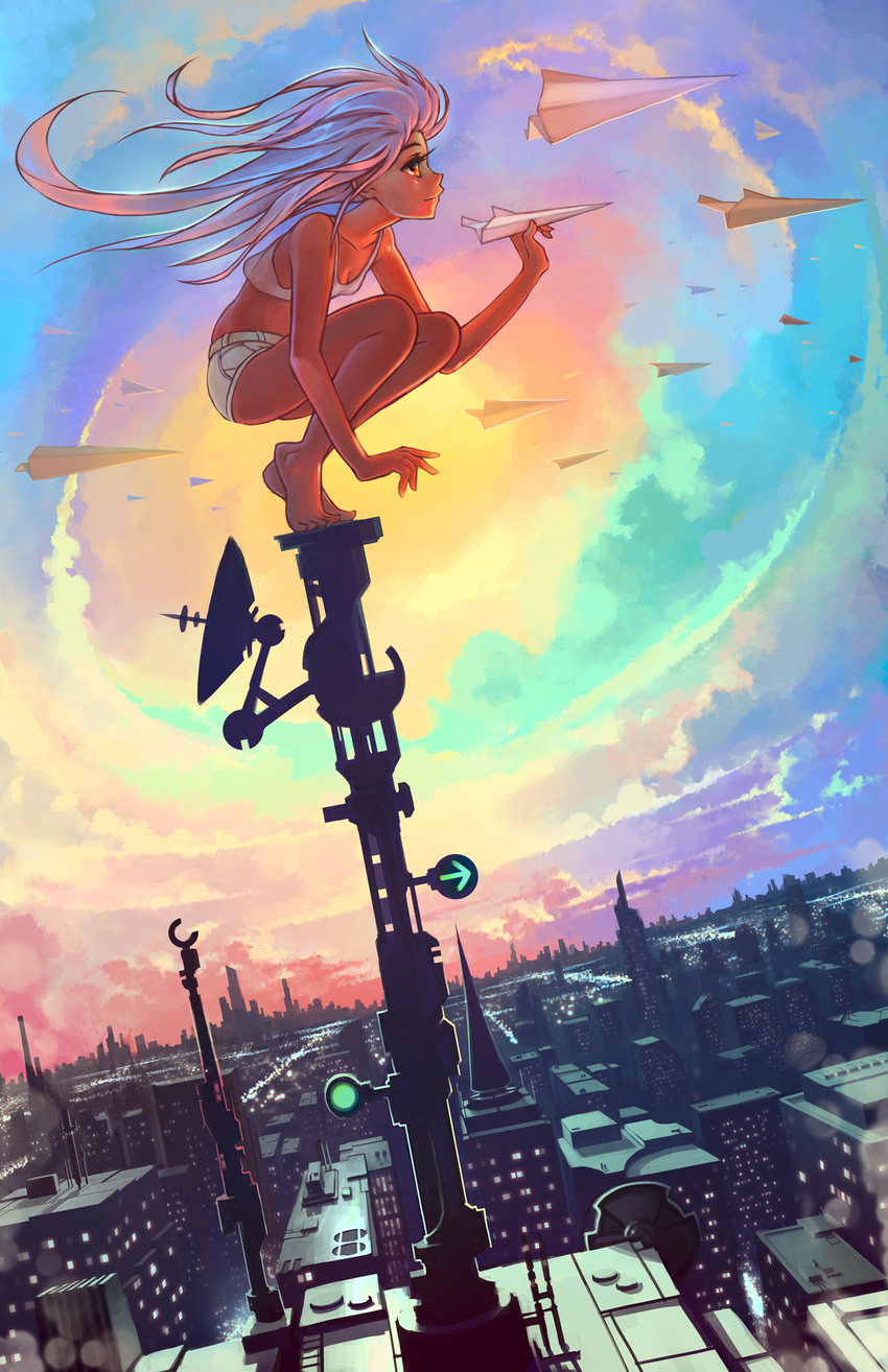 cityscape commentary crop_top dutch_angle english_commentary female highres long_hair on_top_of_pole original paper_airplane pink_hair rtil science_fiction short_shorts shorts sky solo squatting tank_top tower wide_shot