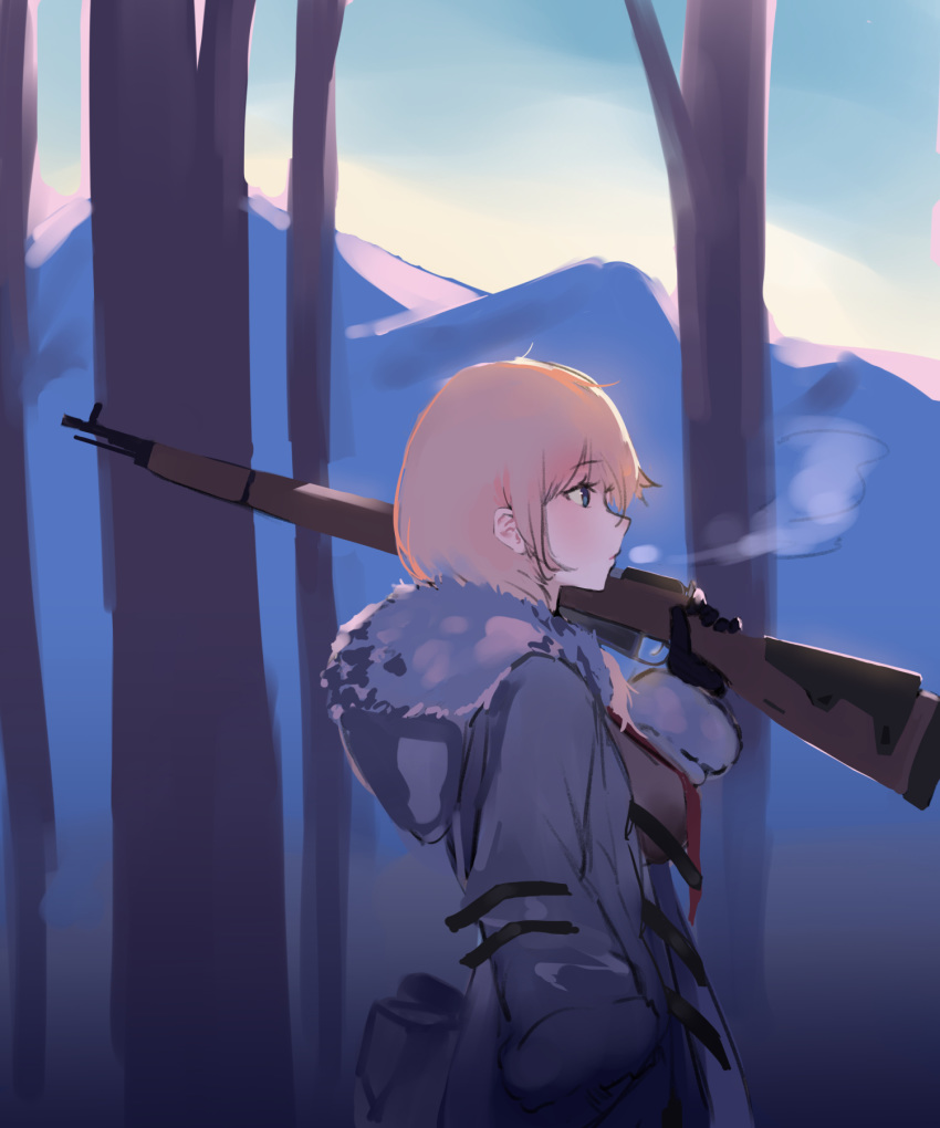 aak bad_id bad_pixiv_id black_gloves blonde_hair blue_eyes blue_sky bolt_action breasts breath coat cold day female fur-trimmed_coat fur-trimmed_hood fur_trim girls'_frontline gloves grey_coat gun hand_in_pocket highres holding holding_gun holding_weapon hood hood_down hooded_coat large_breasts long_sleeves mosin-nagant mosin-nagant_(girls'_frontline) mosin-nagant_(mod3)_(girls'_frontline) mountain name_connection necktie object_namesake outdoors over_shoulder profile red_necktie rifle sky solo tree weapon weapon_over_shoulder