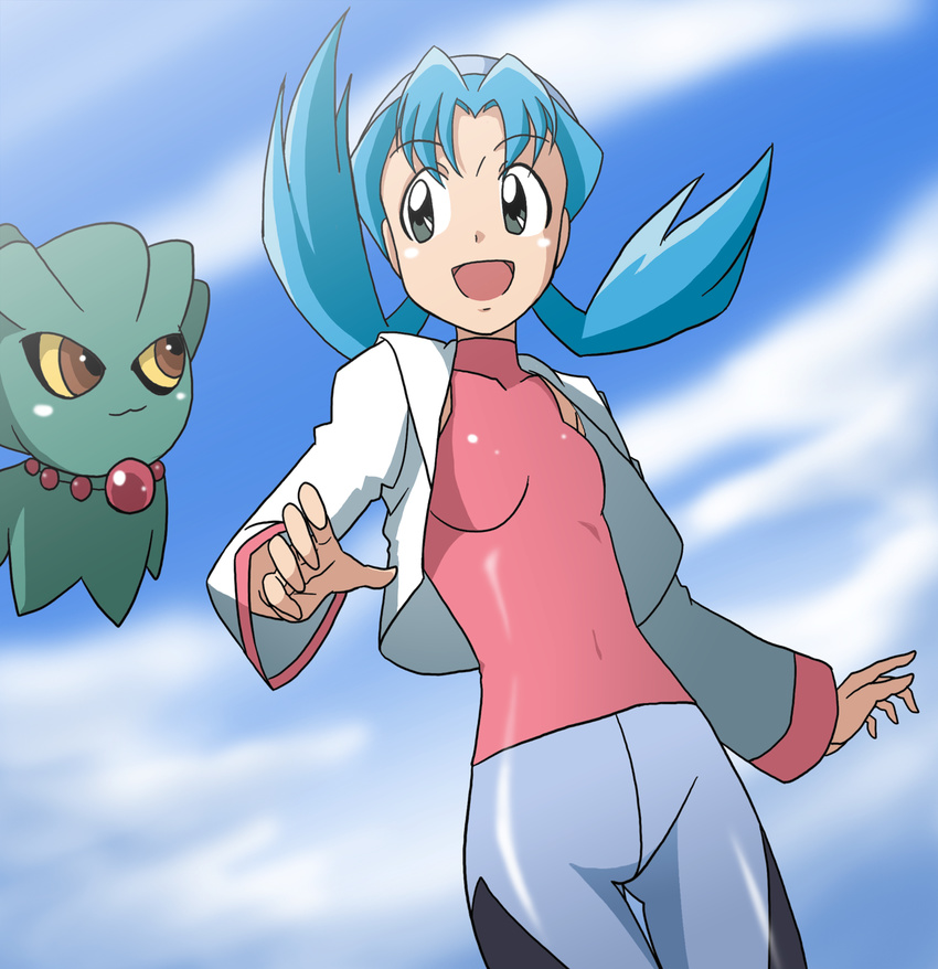 1990s_(style) :d aqua_hair ass_visible_through_thighs bike_shorts blue_sky breasts brown_eyes cloud cloudy_sky colored_sclera commentary_request covered_navel cowboy_shot day female grey_eyes hat highres jacket long_hair long_sleeves looking_at_another marina_(pokemon) misdreavus open_mouth parted_bangs pokemon pokemon_(creature) pokemon_gsc retro_artstyle sky small_breasts smile takaya_n turtleneck twintails yellow_sclera