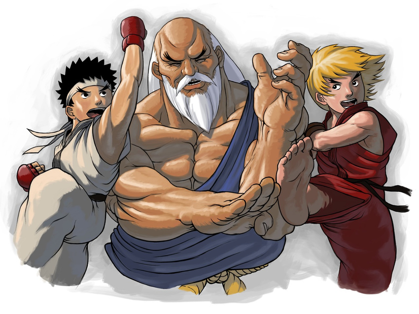 3boys aged_down andrew_parish_johnston armor bald barefoot beard black_hair blocking blonde_hair commentary_request facial_hair gouken japanese_armor ken_masters kicking kote laughing long_hair moustache multiple_boys muscular ryu_(street_fighter) short_hair shouryuuken street_fighter tatsumaki_senpuukyaku thick_eyebrows uppercut white_hair