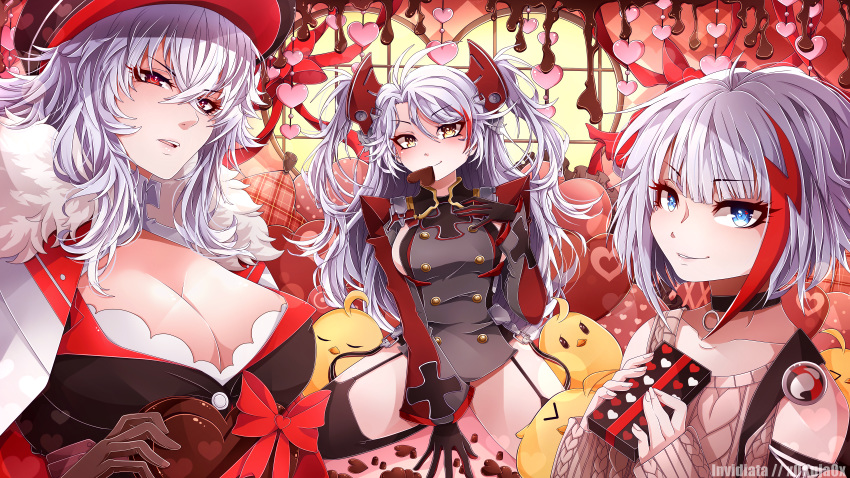 3girls absurdres admiral_graf_spee_(azur_lane) admiral_graf_spee_(peaceful_daily_life)_(azur_lane) ahoge azur_lane blue_eyes box breasts candy chocolate cleavage commentary cross english_commentary food food_in_mouth garter_straps gift gift_box gloves graf_zeppelin_(azur_lane) hair_between_eyes heart heart-shaped_chocolate heart-shaped_pillow highres holding holding_chocolate holding_food invidiata iron_cross jacket jacket_on_shoulders large_breasts long_hair looking_at_viewer multicolored_hair multiple_girls official_alternate_costume pillow prinz_eugen_(azur_lane) red_eyes red_ribbon ribbon short_hair sideboob sitting smile standing streaked_hair sweater thighhighs two_side_up valentine wariza white_hair yellow_eyes