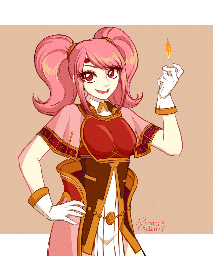 absurdres commentary_request female fire fire_emblem fire_emblem_echoes:_shadows_of_valentia gloves highres looking_at_viewer mae_(fire_emblem) magic pink_hair red_hair simple_background smile solo twintails