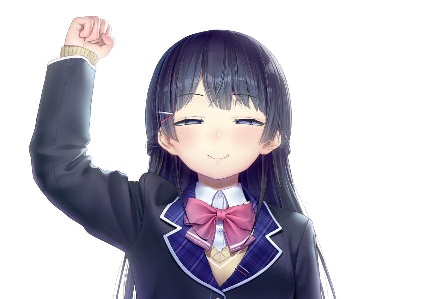 arm_up black_hair blazer blue_eyes blush bow bowtie braid clenched_hand collared_shirt commentary_request female hair_ornament hairclip half-closed_eyes highres jacket kath long_hair looking_at_viewer meme nijisanji pink_bow pink_bowtie purple_eyes raised_fist ribbon school_uniform shirt simple_background sleeves_past_wrists smile solo sweater tsukino_mito tsukino_mito_(1st_costume) virtual_youtuber white_background white_shirt wing_collar