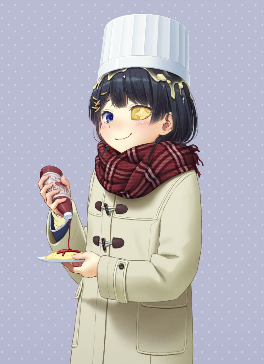 black_hair blue_eyes blush chef_hat closed_mouth coat commentary duffel_coat enpera eyepatch female food hat highres holding holding_plate kath ketchup ketchup_bottle long_hair looking_at_viewer nijisanji omelet omurice plaid plaid_scarf plate polka_dot polka_dot_background red_scarf scarf smile solo toque_blanche tsukino_mito tsukino_mito_(6th_costume) virtual_youtuber winter_clothes winter_coat