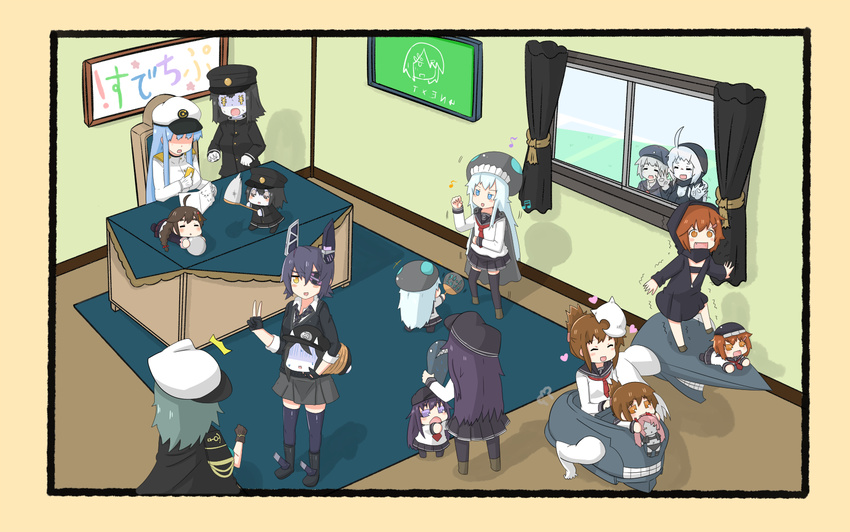 6+girls ^^^ abyssal_ship against_window ahoge akatsuki_(kancolle) akitsu_maru_(kancolle) akitsu_maru_kai_(kancolle) backwards_text battleship_princess beamed_sixteenth_notes bound butterfly_net carrying carrying_under_arm character_doll chibi closed_eyes commentary cosplay dancing desk doll eighth_note eyepatch female_admiral_(kancolle) fingerless_gloves floating_fortress_(kancolle) gloves hair_flaps hamakaze_(kancolle) hand_net hat heart hibiki_(kancolle) hood hood_up hoodie horns ikazuchi_(kancolle) inazuma_(kancolle) kantai_collection kidnapped kiso_(kancolle) kiso_kai_ni_(kancolle) lying mask mask_on_head military military_uniform mirrored_text multiple_girls musical_note naval_uniform on_stomach open_mouth pale_skin pink_hair puchimasu! racing re-class_battleship re-class_battleship_(cosplay) ro-class_destroyer sailor_collar school_uniform serafuku shading_eyes shigure_(kancolle) skin-covered_horns smile southern_ocean_oni strapless stuffed_toy surprised symbol-shaped_eyes take_it_home tenryuu_(kancolle) tied_up_(nonsexual) translated trembling tube_top twintails uniform v wo-class_aircraft_carrier wo-class_aircraft_carrier_(cosplay) yen_sign yuureidoushi_(yuurei6214) z1_leberecht_maass_(kancolle)