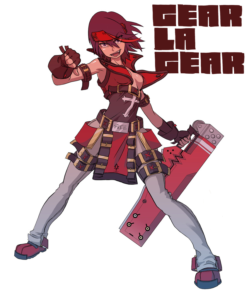 andrew_parish_johnston breasts cleavage copyright_name cosplay english female fingerless_gloves gloves guilty_gear guilty_gear_xrd headband highres kill_la_kill matoi_ryuuko reverse_grip sol_badguy sol_badguy_(cosplay) solo sword thumbs_down weapon