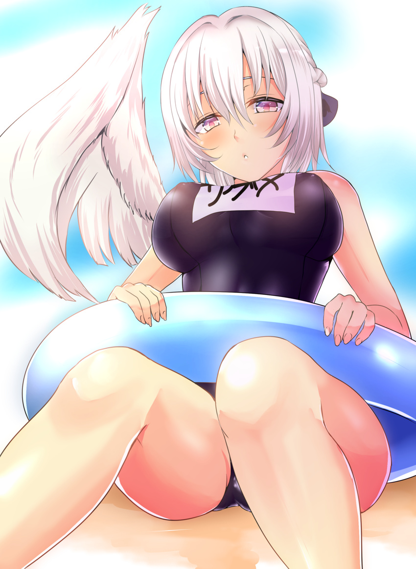 absurdres alternate_costume bad_id bad_pixiv_id beach blue_innertube blue_sky braid commentary_request day female french_braid fujimori_tonkatsu highres innertube kishin_sagume looking_at_viewer one-piece_swimsuit outdoors red_eyes sand school_swimsuit single_wing sitting sky solo swim_ring swimsuit touhou white_hair white_wings wings