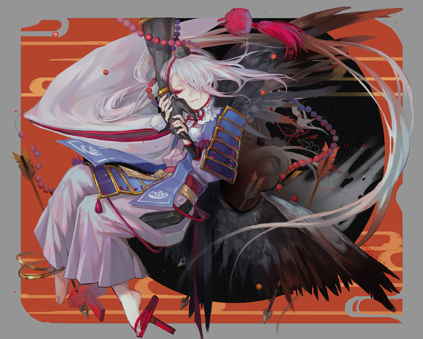 2boys arrow_(projectile) beads black_gloves bridal_gauntlets commentary geta gloves guan_tang_baozi hair_over_one_eye hat highres ima-no-tsurugi iwatooshi japanese_clothes long_hair male_focus multiple_boys out_of_frame photoshop_(medium) red_eyes smile tengu-geta tokin_hat touken_ranbu very_long_hair white_hair wings