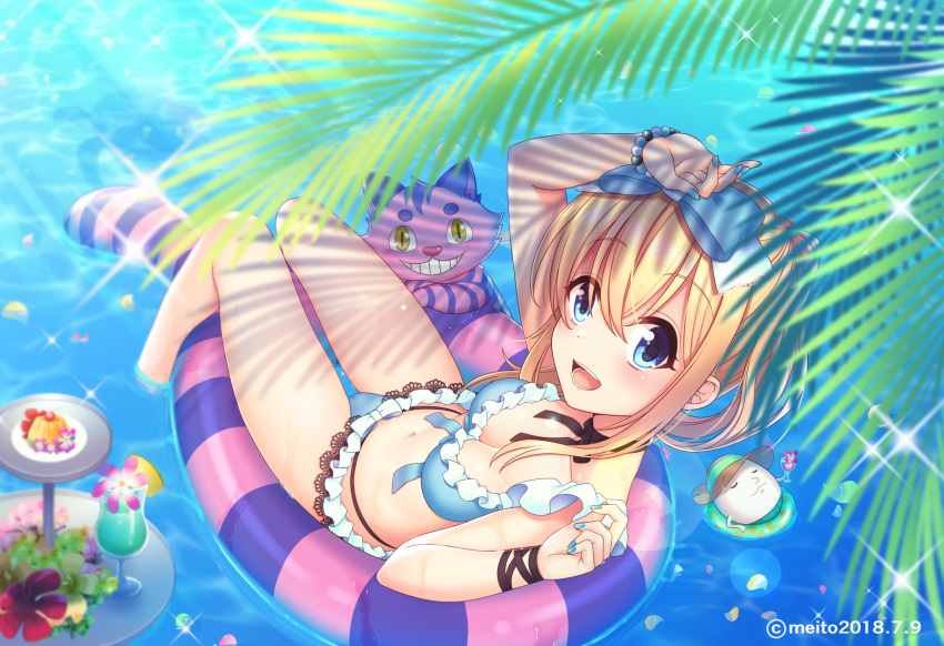 ap@meito bikini blonde_hair blue_eyes bow breasts cameltoe drink navel original petals swimsuit water