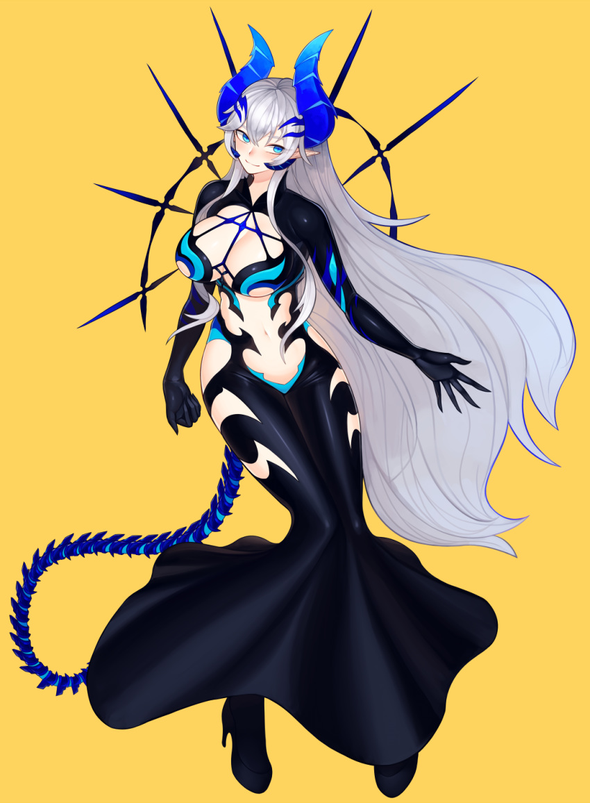 3gs black_dress black_footwear black_gloves blue_eyes blue_horns breasts cleavage cleavage_cutout closed_mouth clothing_cutout commentary_request demon_girl dress elsword female full_body gloves high_heels highres horns iblis_(elsword) knees_together_feet_apart large_breasts long_dress long_hair luciela_r._sourcream midriff navel orange_background pointy_ears revealing_clothes sidelocks simple_background smile solo standing symbol tail tight_top transformation very_long_hair white_hair