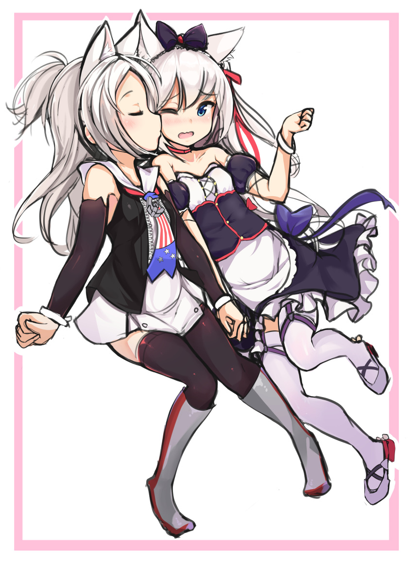 2girls absurdres animal_ears apron azur_lane bare_shoulders black_bow black_dress black_jacket black_thighhighs blue_bow blush boots bow cat_ears closed_eyes closed_mouth detached_sleeves dress frilled_dress frills green_eyes grey_footwear grey_hair hair_between_eyes hair_ribbon hairbow hammann_(azur_lane) hammann_(retrofit)_(azur_lane) hand_up highres holding_hands j_young jacket kissing kissing_cheek knee_boots long_hair long_sleeves md5_mismatch multiple_girls one_eye_closed one_side_up open_clothes open_jacket open_mouth puffy_short_sleeves puffy_sleeves red_ribbon ribbon short_sleeves sims_(azur_lane) strapless strapless_dress thighhighs very_long_hair waist_apron white_apron white_dress white_thighhighs wrist_cuffs yuri