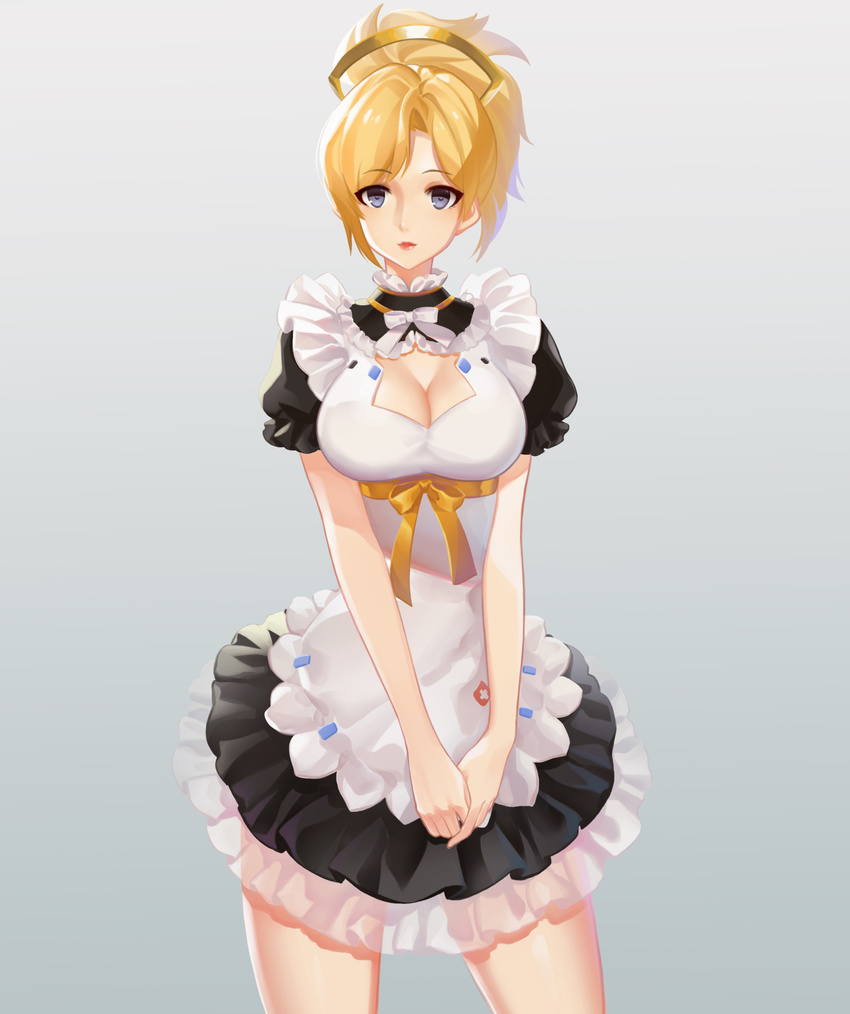 absurdres alternate_costume apron bad_id bad_pixiv_id blonde_hair blue_eyes bow breasts cleavage collar commentary_request contrapposto cowboy_shot detached_collar enmaided eyebrows female frilled_apron frilled_shirt_collar frilled_skirt frilled_sleeves frills gradient_background halo headgear highres large_breasts lips lipstick littleamber looking_at_viewer maid makeup mechanical_halo mercy_(overwatch) overwatch overwatch_1 own_hands_together parted_lips photoshop_(medium) ponytail puffy_short_sleeves puffy_sleeves red_lips ribbon short_hair short_sleeves skirt smile solo standing v_arms waist_apron white_bow yellow_ribbon