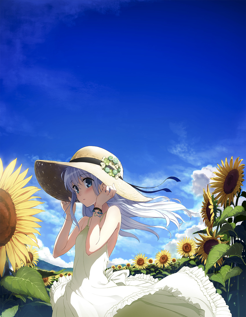 bare_shoulders blue_eyes blue_hair blush bracelet breasts cloud commentary_request day dress female flower from_side hand_on_headwear hat head_tilt hibiki_(kancolle) highres honjou_masato jewelry kantai_collection long_hair looking_at_viewer outdoors parted_lips photoshop_(medium) sky sleeveless sleeveless_dress small_breasts solo straw_hat sun_hat sundress sunflower white_dress wind