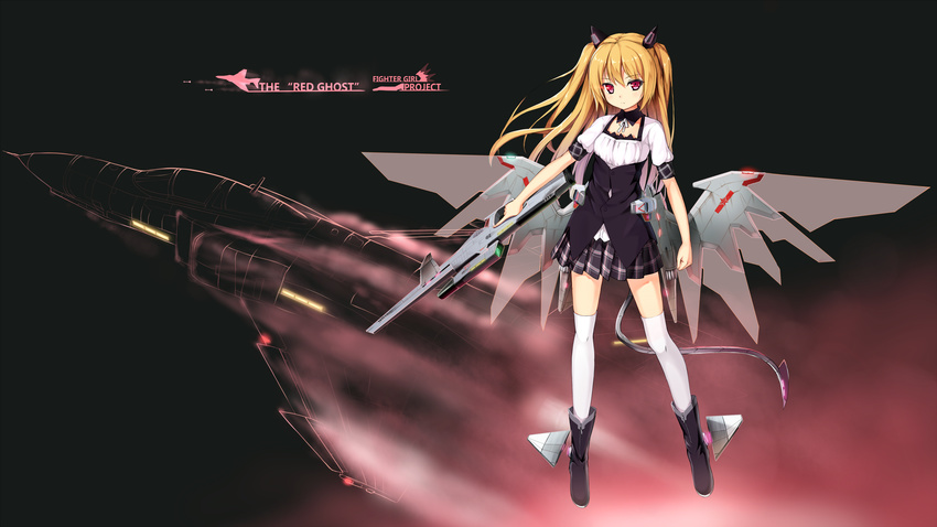 absurdres blonde_hair commentary_request f-4_phantom_ii female hagi_(ame_hagi) hair_ornament highres long_hair looking_at_viewer mecha_musume original red_eyes solo thighhighs united_states_air_force white_thighhighs zettai_ryouiki