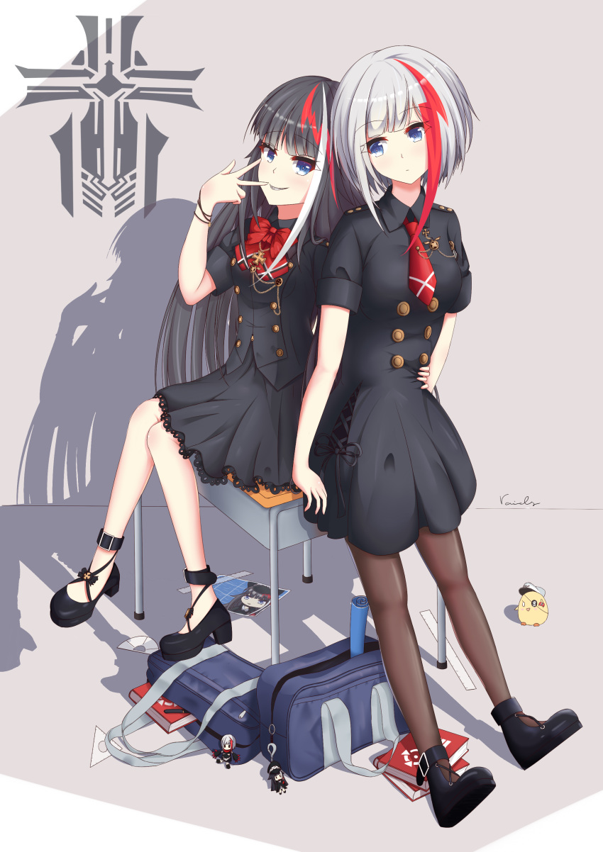 2girls absurdres admiral_graf_spee_(azur_lane) admiral_graf_spee_(girl's_sunday)_(azur_lane) animal arm_support azur_lane bag bag_charm bird black_dress black_hair black_shirt black_skirt blue_eyes blush book bow bowtie breasts character_charm character_doll charm_(object) chick closed_mouth commentary_request cross desk deutschland_(azur_lane) dress grey_hair grin hand_up hat head_tilt highres iron_blood_(emblem) iron_cross leaning_on_object long_hair manjuu_(azur_lane) military_hat multicolored_hair multiple_girls necktie no_tail official_alternate_costume on_desk pantyhose peaked_cap photoshop_(medium) protractor puffy_short_sleeves puffy_sleeves red_bow red_bowtie red_hair red_necktie ruler school_bag school_desk set_square sharp_teeth shirt short_necktie short_sleeves sidelocks signature sitting skirt skull_and_crossbones small_breasts smile streaked_hair teeth very_long_hair voids white_hair white_hat