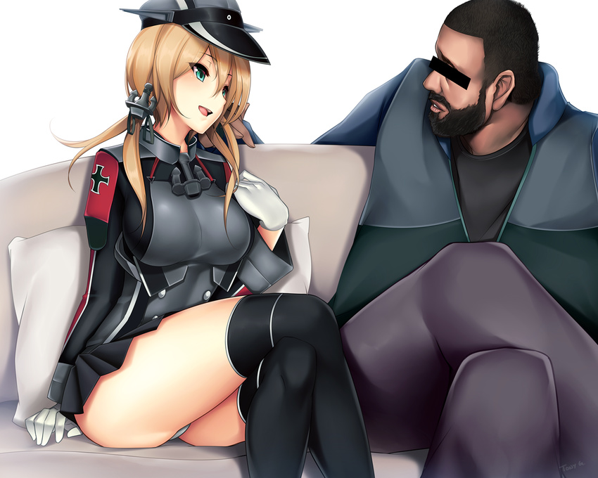 1boy anchor_hair_ornament bar_censor beard black_ribbon black_skirt black_thighhighs blonde_hair breasts censored commentary cross crossed_legs dj_khaled english_commentary facial_hair female gloves hair_ornament hat identity_censor iron_cross jacket kantai_collection large_breasts long_sleeves low_twintails microskirt military military_hat military_uniform peaked_cap pillow pleated_skirt prinz_eugen_(kancolle) real_life real_life_insert ribbon sitting skirt smile thighhighs tony_guisado twintails uniform white_gloves