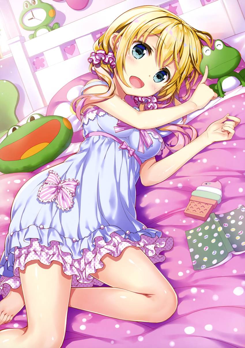 :d absurdres bare_legs barefoot bed_sheet blonde_hair blue_eyes blue_nightgown breasts clock collarbone female frilled_nightgown frills fujima_takuya hair_between_eyes hair_ornament hair_scrunchie heart highres large_breasts layered_nightgown looking_at_viewer low_twintails nightgown nijikawa_laki notebook official_art on_bed open_mouth pillow pink_lips pink_polka_dots pink_ribbon poking polka_dot polka_dot_nightgown polka_dot_scrunchie print_pillow project_upd8 ribbon scan scrunchie smile solo spaghetti_strap star_(symbol) strap_slip striped striped_ribbon stuffed_animal stuffed_frog stuffed_toy tongue twintails virtual_youtuber white_nightgown white_polka_dots white_scrunchie white_stripes