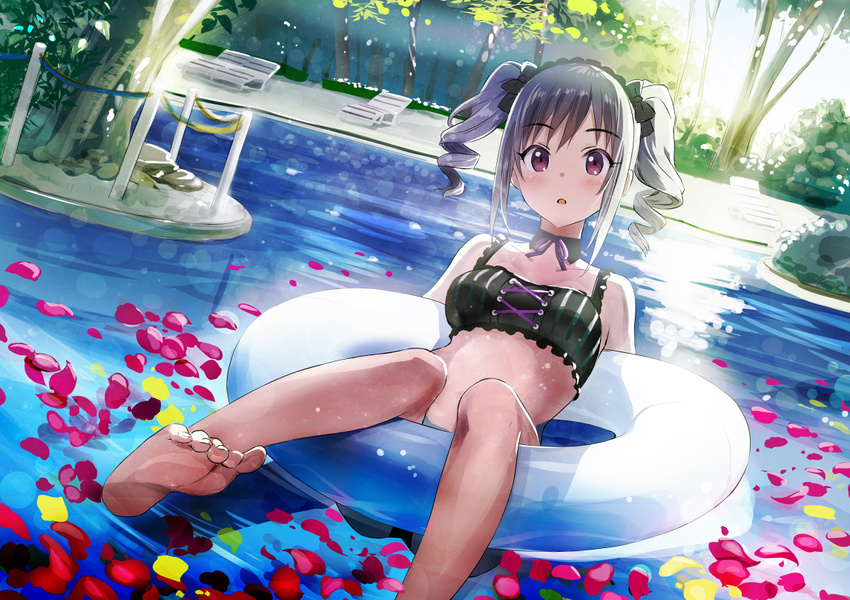 afloat barefoot bikini commentary_request day drill_hair feet female grey_hair honjou_masato idolmaster idolmaster_cinderella_girls innertube kanzaki_ranko long_hair open_mouth outdoors petals pool red_eyes soles solo swim_ring swimsuit twin_drills twintails