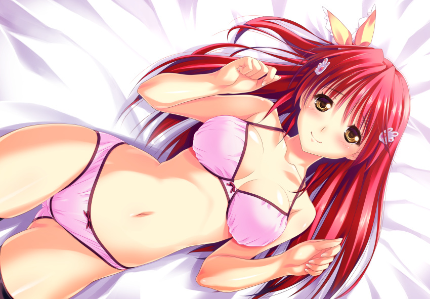 amasaka_takashi arms_up bed black_thighhighs bow bow_bra bow_panties bra breasts brown_eyes cleavage clenched_hands closed_mouth crotch_seam female from_above game_cg hair_ornament highres hip_focus kohinata_yuuka koimekuri_clover long_hair looking_at_viewer lying medium_breasts navel on_back panties pink_bra pink_panties red_hair smile solo thighhighs thighs underwear underwear_only