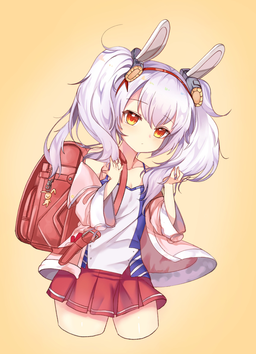 absurdres animal_ears azur_lane backpack bag bare_shoulders camisole collarbone commentary_request cropped_legs echu female fingernails gradient_background hair_between_eyes hair_ornament hairband highres holding holding_own_hair jacket laffey_(azur_lane) leaning_to_the_side long_hair long_sleeves looking_at_viewer off_shoulder open_clothes open_jacket orange_background pink_jacket pleated_skirt rabbit_ears randoseru red_eyes red_hairband red_skirt skirt solo twintails white_camisole white_hair wide_sleeves