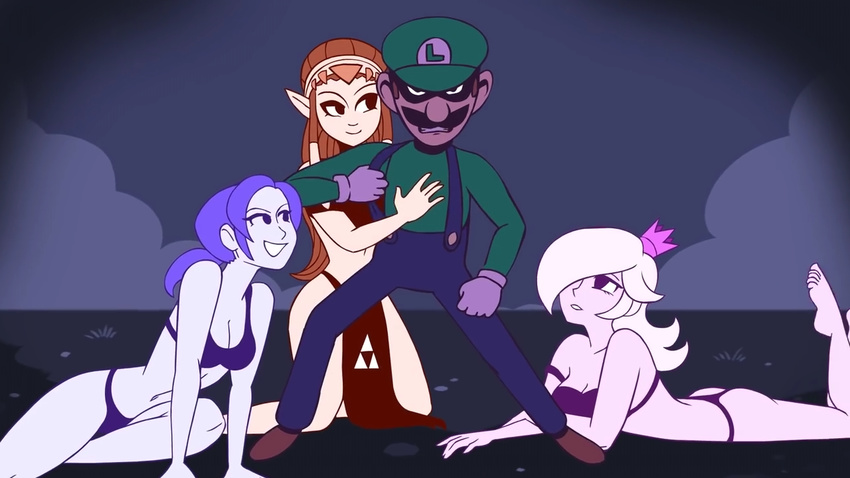 1boy 3girls bikini epic game luigi multiple_girls nintendo princess_zelda rosetta_(mario) super_mario_bros. super_mario_galaxy super_smash_bros. the_legend_of_zelda