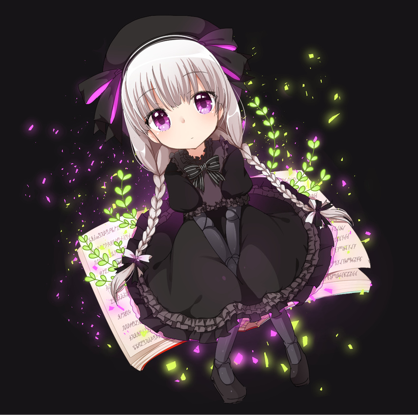 :| beret between_legs black_background black_bow black_bowtie black_dress black_footwear black_ribbon book bow bowtie braid closed_mouth commentary_request doll_joints dress dutch_angle fate/extra fate_(series) female frilled_dress frilled_shirt_collar frilled_sleeves frills from_above full_body gothic_lolita hand_between_legs hat hat_ribbon joints leaf lolita_fashion long_hair looking_at_viewer looking_up low_twintails nursery_rhyme_(fate) open_book pink_ribbon puffy_short_sleeves puffy_sleeves purple_eyes ribbon shitada shoes short_sleeves sitting solo striped_bow striped_bowtie striped_clothes tareme twin_braids twintails v_arms white_bow white_hair