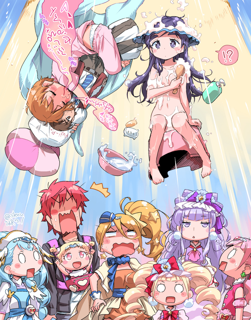 !? 1boy 2018 6+girls aisaki_emiru alternate_universe baby bath_stool belt black_hair blonde_hair blood blue_hair blue_necktie blush blush_stickers body_blush brown_hair brown_jacket bucket collarbone commentary_request cone_hair_bun convenient_arm convenient_censoring cure_amour cure_ange cure_etoile cure_macherie cure_yell dakimakura_(object) dated diagonal-striped_legwear falling fujimura_shougo futari_wa_precure garrison_cap grey_pants hair_bun harryham_harry harryham_harry_(human) hat heart_pouch highres hug-tan_(precure) hugging_object hugtto!_precure in-franchise_crossover isedaichi_ken jacket jitome kagayaki_homare leather leather_jacket light_purple_hair magical_girl misumi_nagisa multiple_girls necktie no_pupils nono_hana nosebleed pajamas panties pants panty_peek pillow pillow_hug pink_hair pink_pants pink_shirt precure rectangular_mouth red_hair ruru_amour school_uniform shampoo_hat shirt short_twintails side_ponytail sitting sleeping soap soap_bubbles soap_censor spoken_interrobang stool surprised sweat translation_request twintails twitter_username underwear verone_gakuin_school_uniform white_panties white_shirt yakushiji_saaya yukishiro_honoka