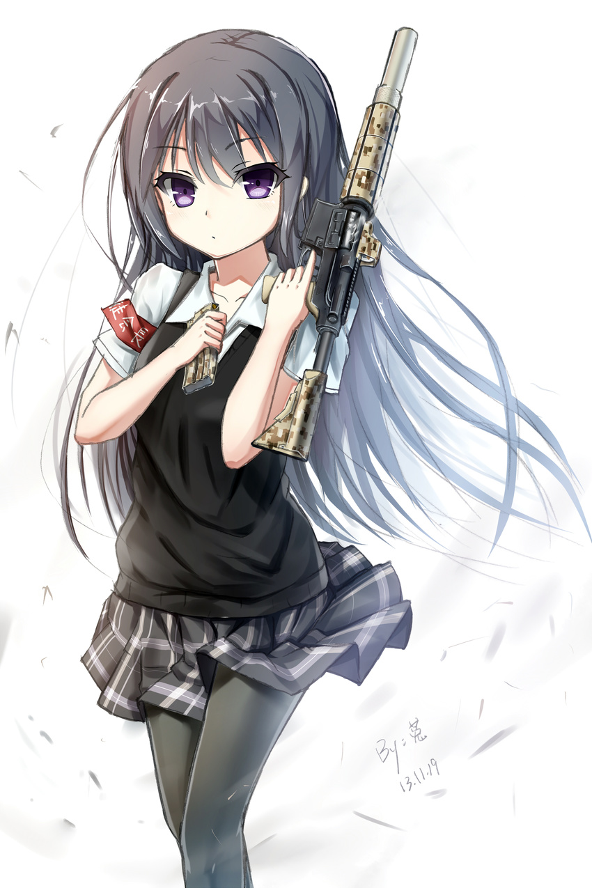 absurdres armband artist_name assault_rifle black_hair black_pantyhose camouflage commentary_request dated digital_camouflage eotech female folding_stock gun hagi_(ame_hagi) highres long_hair looking_at_viewer m4_carbine original pantyhose purple_eyes reloading rifle signature skirt solo suppressor sweater_vest trigger_discipline weapon