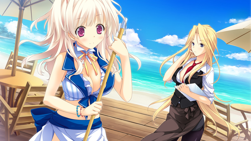 2girls beach blonde_hair game_cg kariu_nagisa kitsuki_riho koisuru_natsu_no_last_resort long_hair marui pantyhose pulltop purple_eyes ribbons tie white_hair