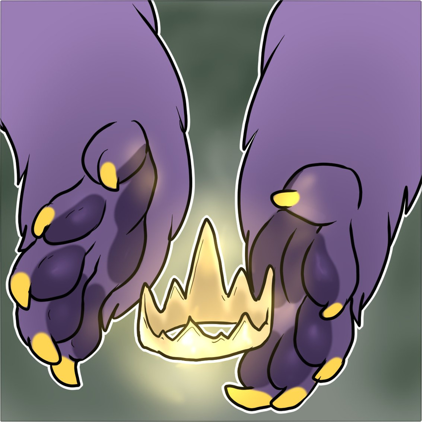 1:1 2017 5_toes ambiguous_gender ambiguous_species avoid_posting claws close-up crown damian_(maim) disembodied_hand feet fur headgear maim mammal pawpads paws purple_body purple_fur solo toe_claws toes